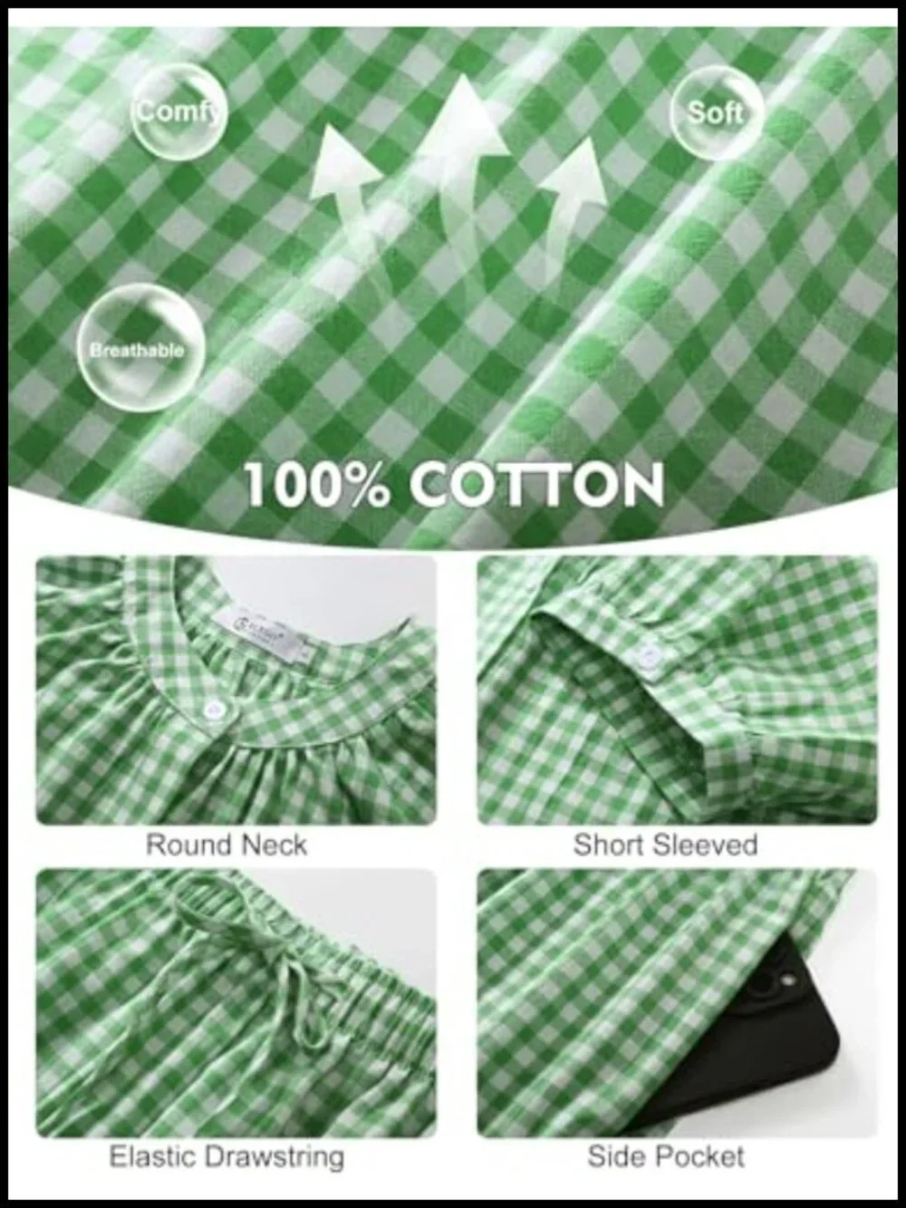 Cotton Gingham Pajama Set Ruffle Babydoll Top Wide Leg Pants Lounge Sleepwear